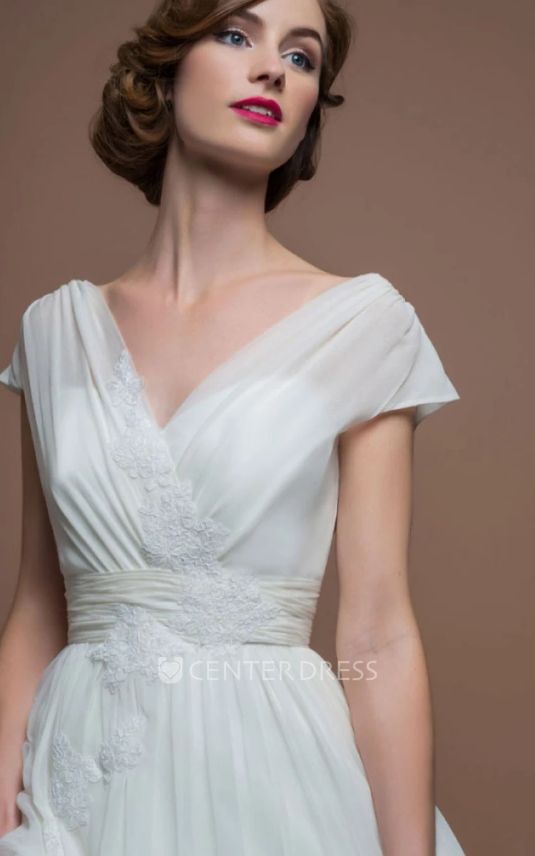 A-Line V-Neck Tea-Length Cap-Sleeve Appliqued Tulle Wedding Dress With Ruching