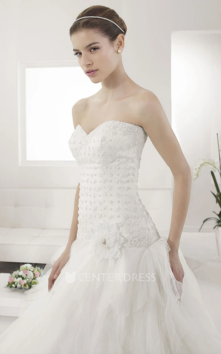Beading Sweetheart Neck Drop Waist Bridal Gown With Tiered Tulle Skirt