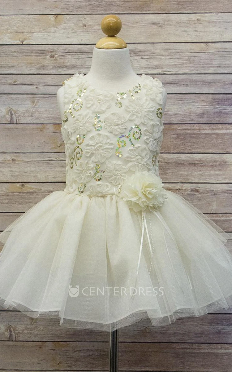 Embroideried Knee-Length Floral Tulle&Sequins Flower Girl Dress With Ribbon