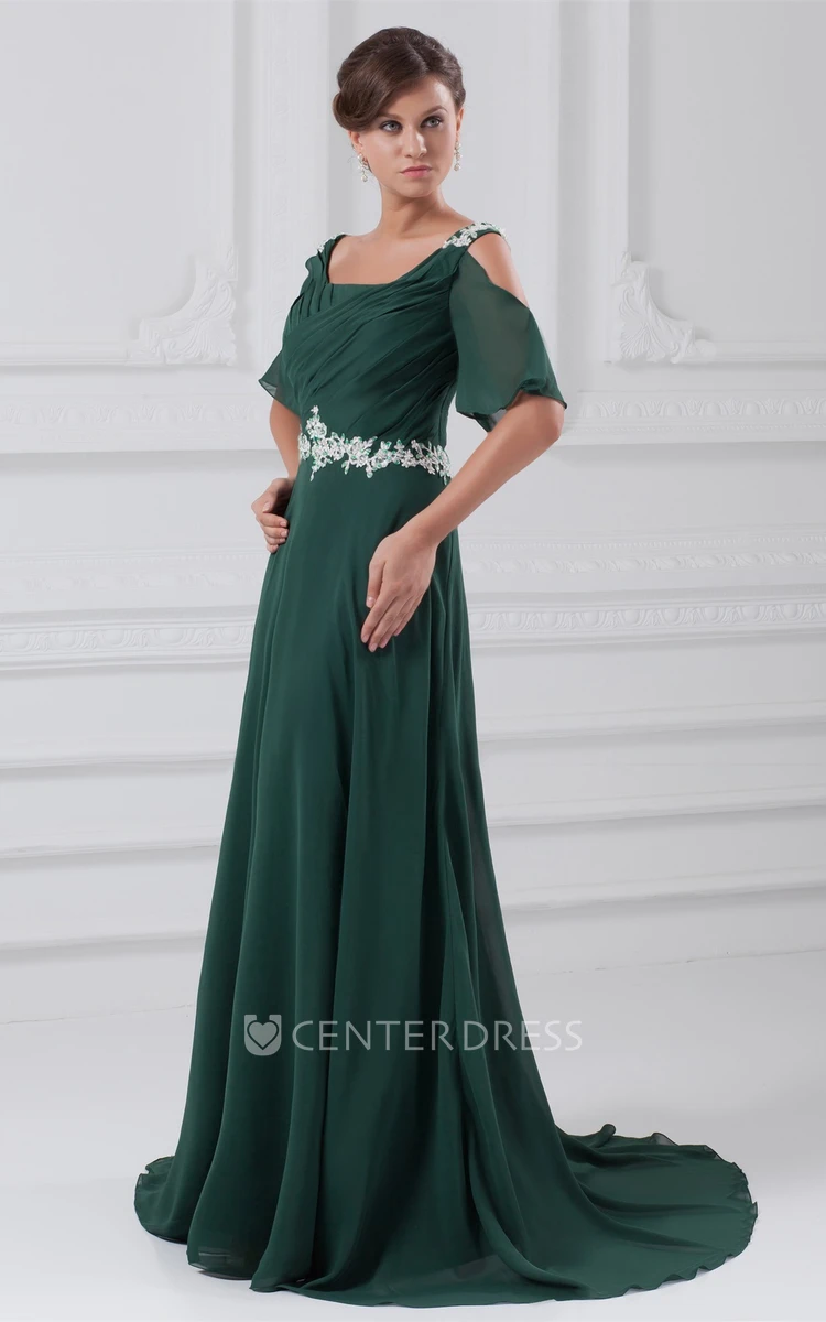 square-neck chiffon maxi ruched dress with appliqued waist