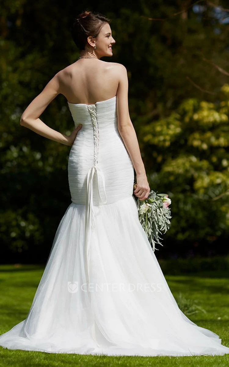 Sweetheart Floor-Length Ruched Tulle Wedding Dress With Brush Train And Lace Up