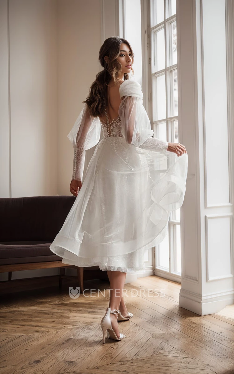 A-Line Boho Tea-length Spring Wedding Dress A Line Bridal Dress with Illusion Sleeves
