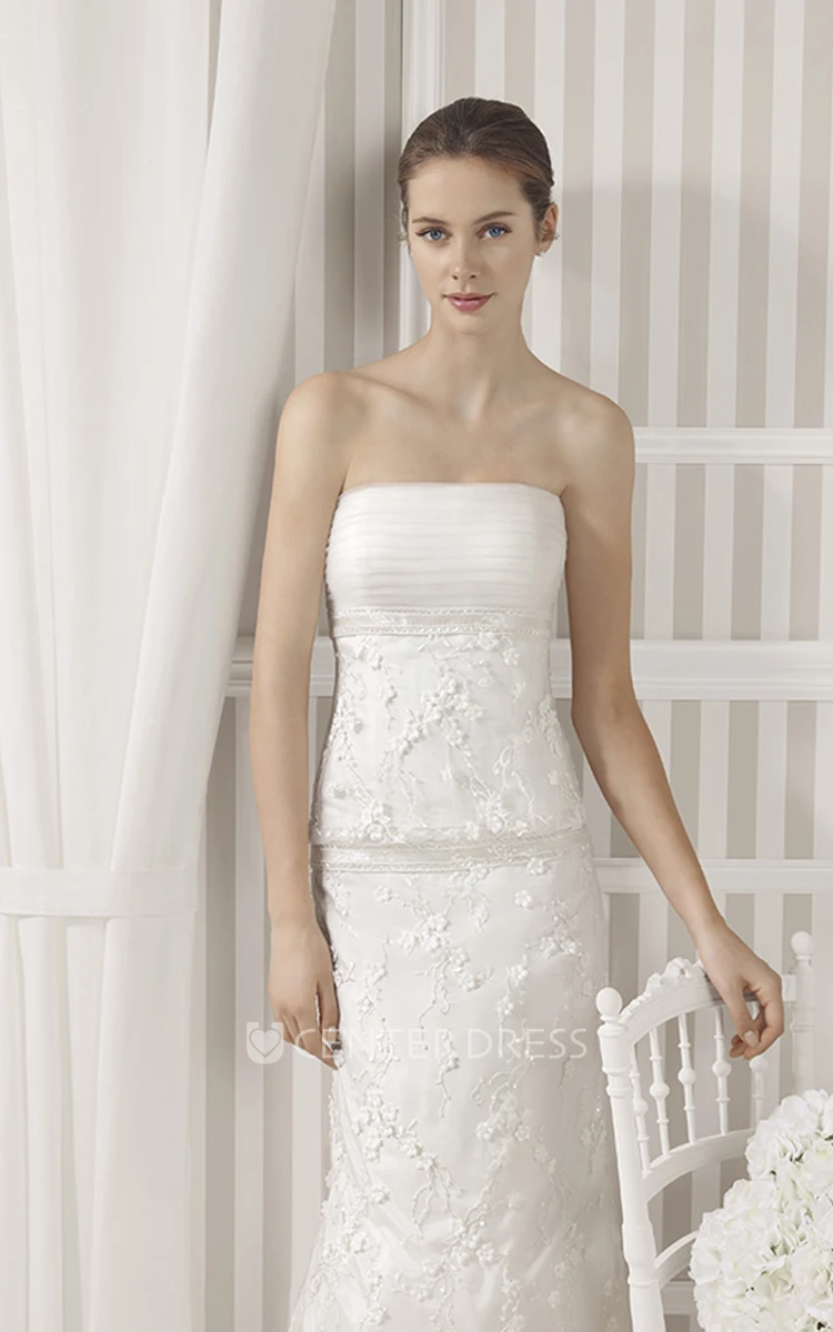Sheath Ruched Sleeveless Strapless Floor-Length Wedding Dress With Flower