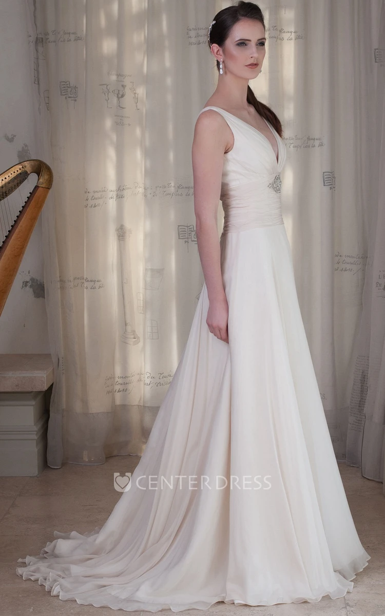 Sheath Sleeveless Ruched V-Neck Floor-Length Wedding Dress With Waist Jewellery