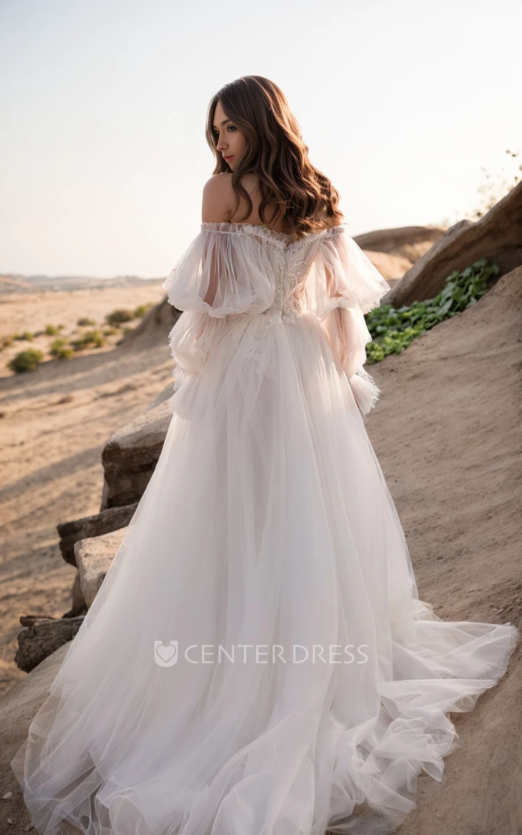 Ethereal Elegant Spring A-Line Detachable Long Sleeve Wedding Dress Garden Beach Elopement High Slit Court Trian Bridal Gown