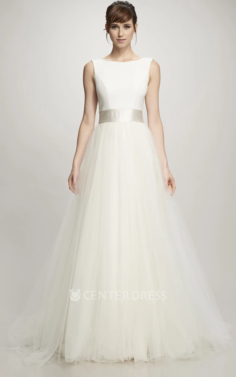 A-Line Long Scoop Sleeveless Satin&Tulle Wedding Dress With Low-V Back And Court Train
