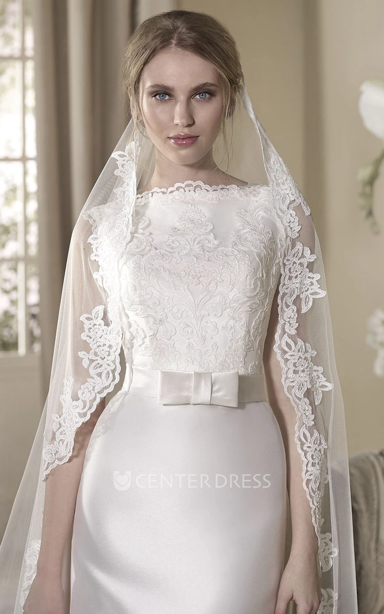 A-Line Appliqued Floor-Length Sleeveless Jewel-Neck Satin Wedding Dress