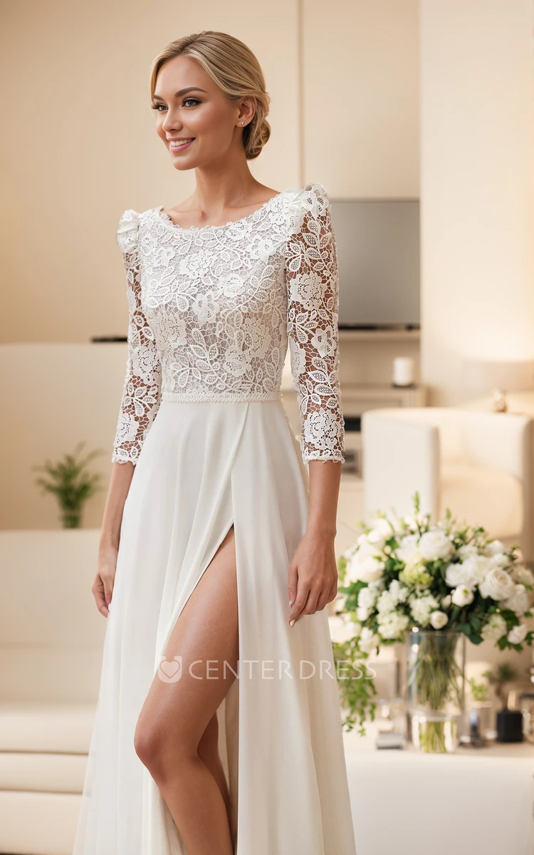 Classic Elegant A-Line Boho Lace Appliqued Wedding Dress Vintage Flowy Scoop Neck 3/4 Sleeve Split-Front Chapel Train Bridal Gown