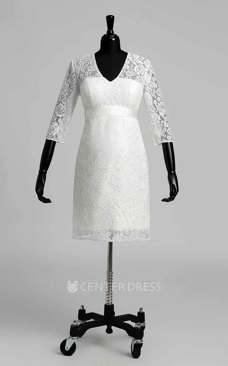 Lace A-line V-neck Illusion 3/4 Length Sleeve Ruched Maternity Wedding Dress