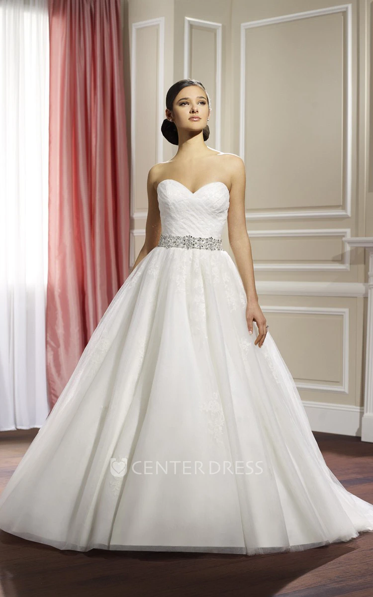 A-Line Floor-Length V-Neck Bat-Sleeve Appliqued Lace&Satin Wedding Dress With Criss Cross And Waist Jewellery