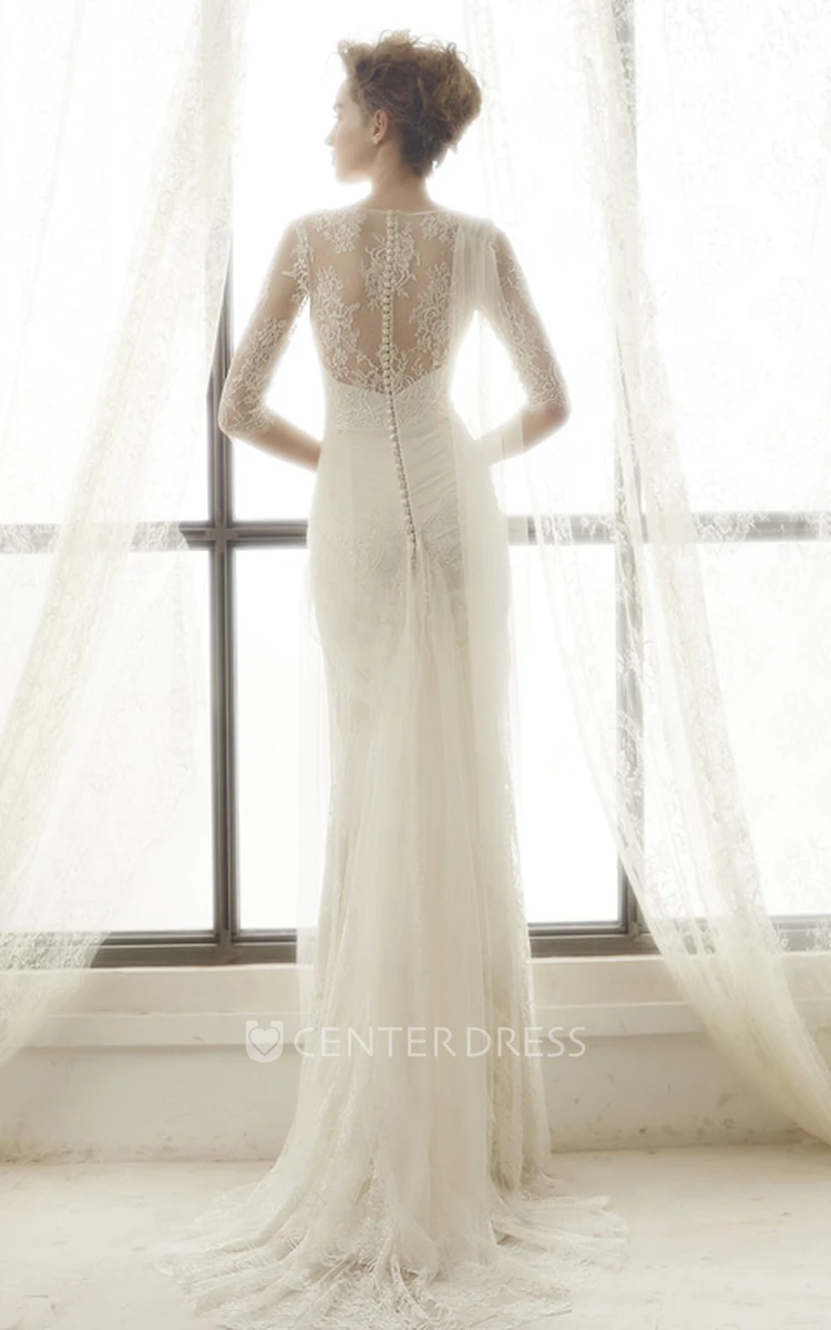 Sheath High Neck Half-Sleeve Tulle Wedding Dress With Lace And Draping