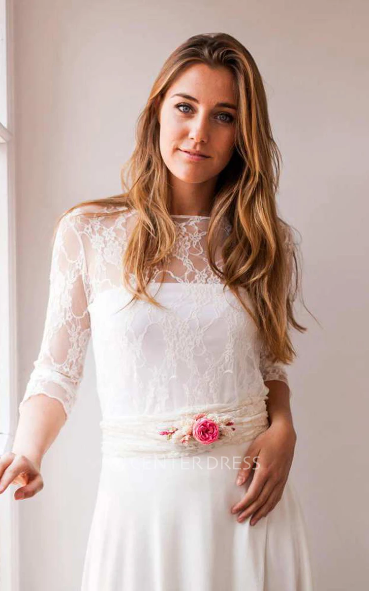 Bateau Lace Illusion Chiffon Floor-Length Wedding Dress With Pleats