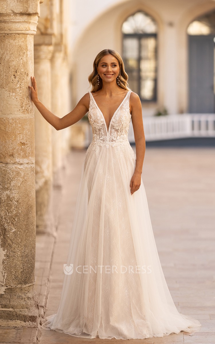 A Line Floor length Plunging V neck Tulle Sleeveless Elegant Wedding Dress With Deep V Back UCenter Dress