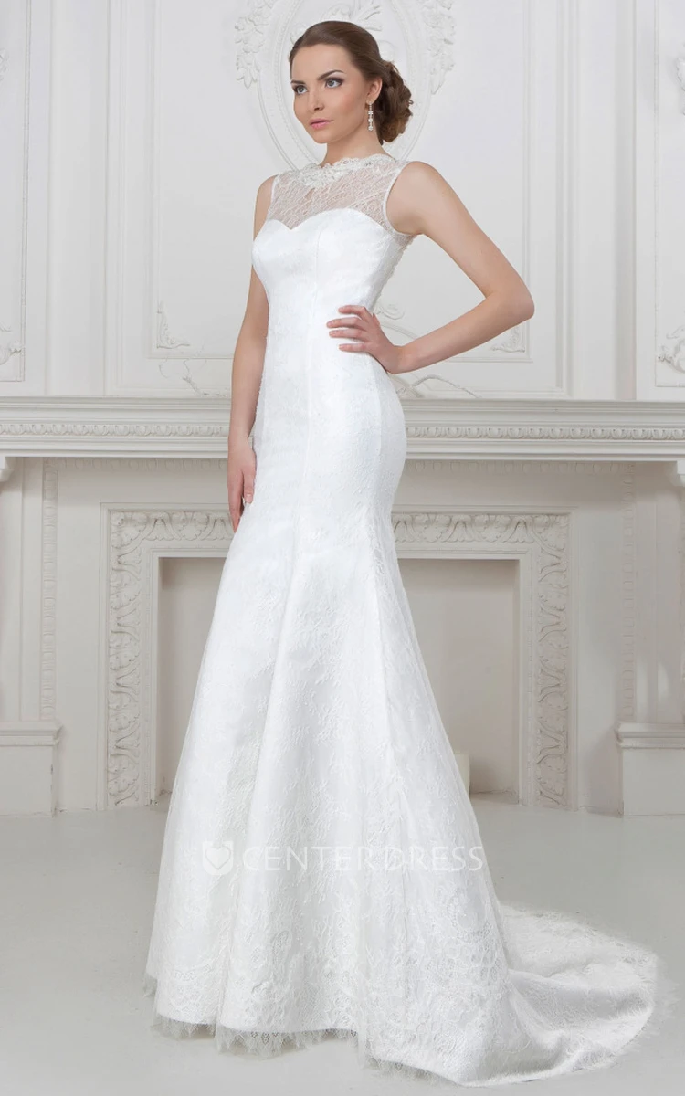 Mermaid Floor-Length Jewel-Neck Sleeveless Lace&Satin Wedding Dress