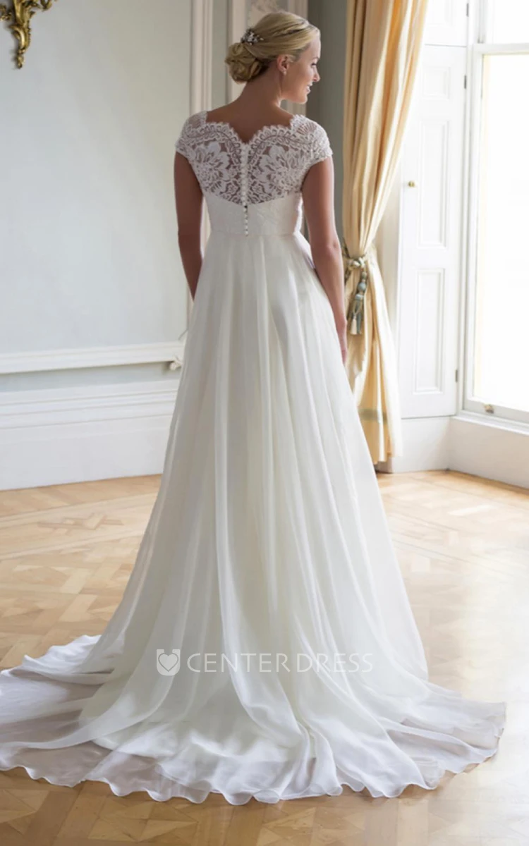 A-Line V-Neck Cap-Sleeve Lace&Chiffon Wedding Dress With Illusion
