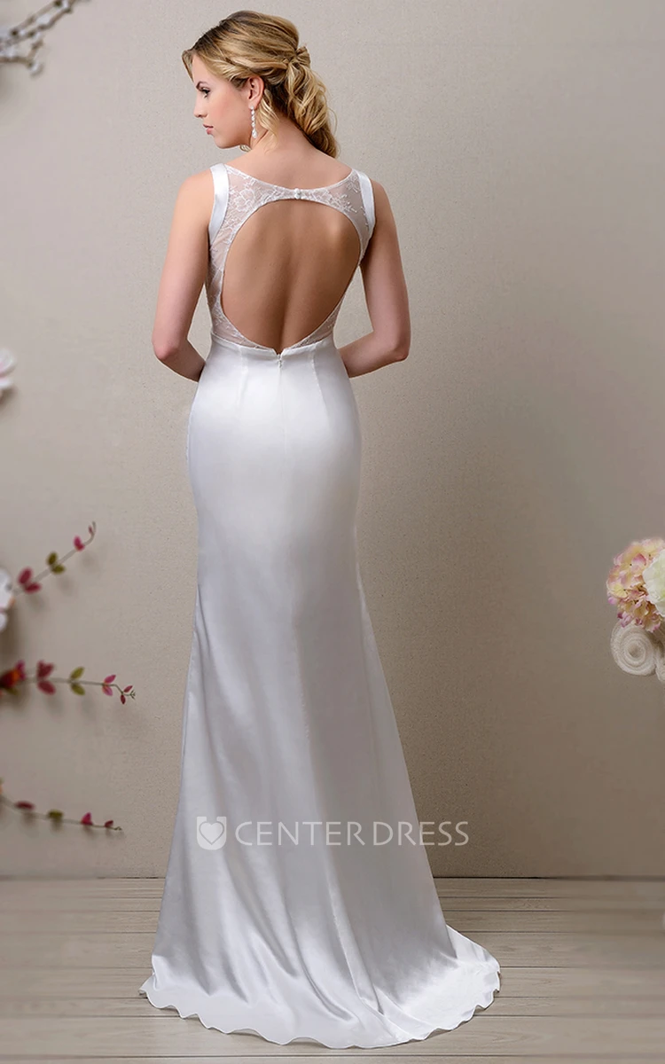 Keyhole Back Satin Sleeveless Sheath Wedding Dress Featuring Shimmering Bodice