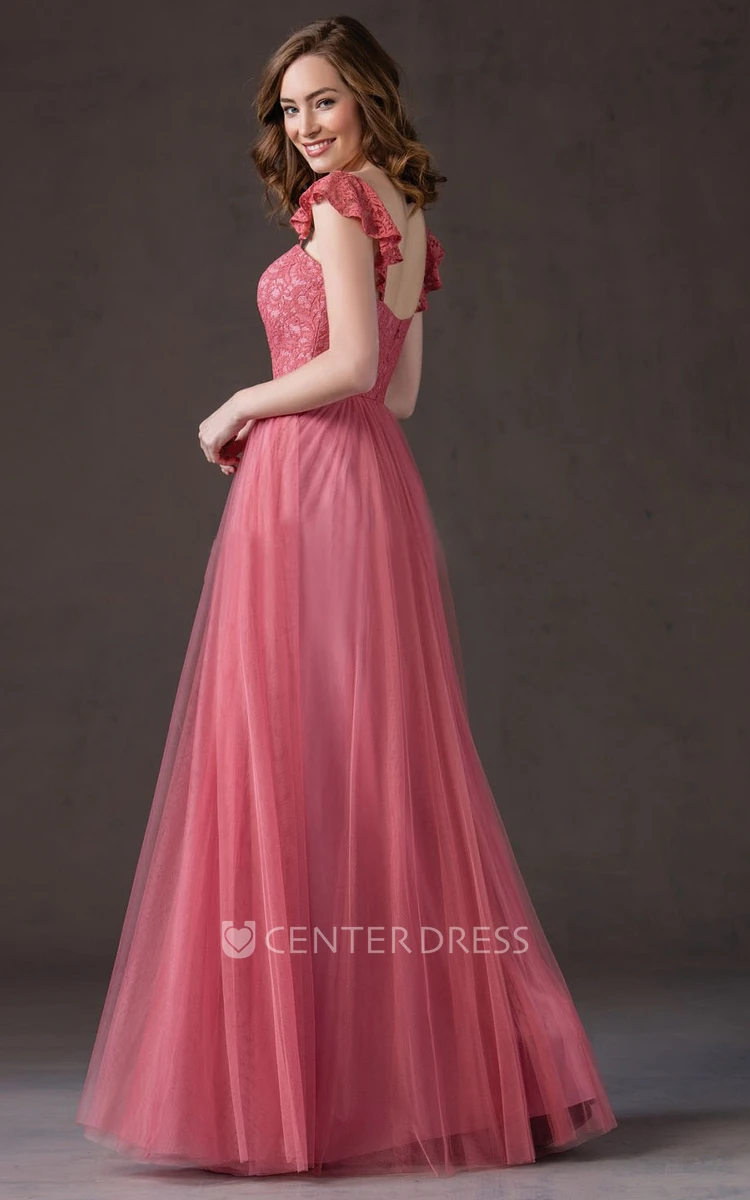 Cap-Sleeved Tulle Gown With Ruffles And Square Back