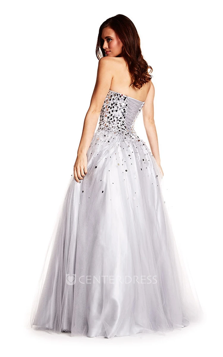 A-Line Sleeveless Floor-Length Sequined Sweetheart Tulle Prom Dress