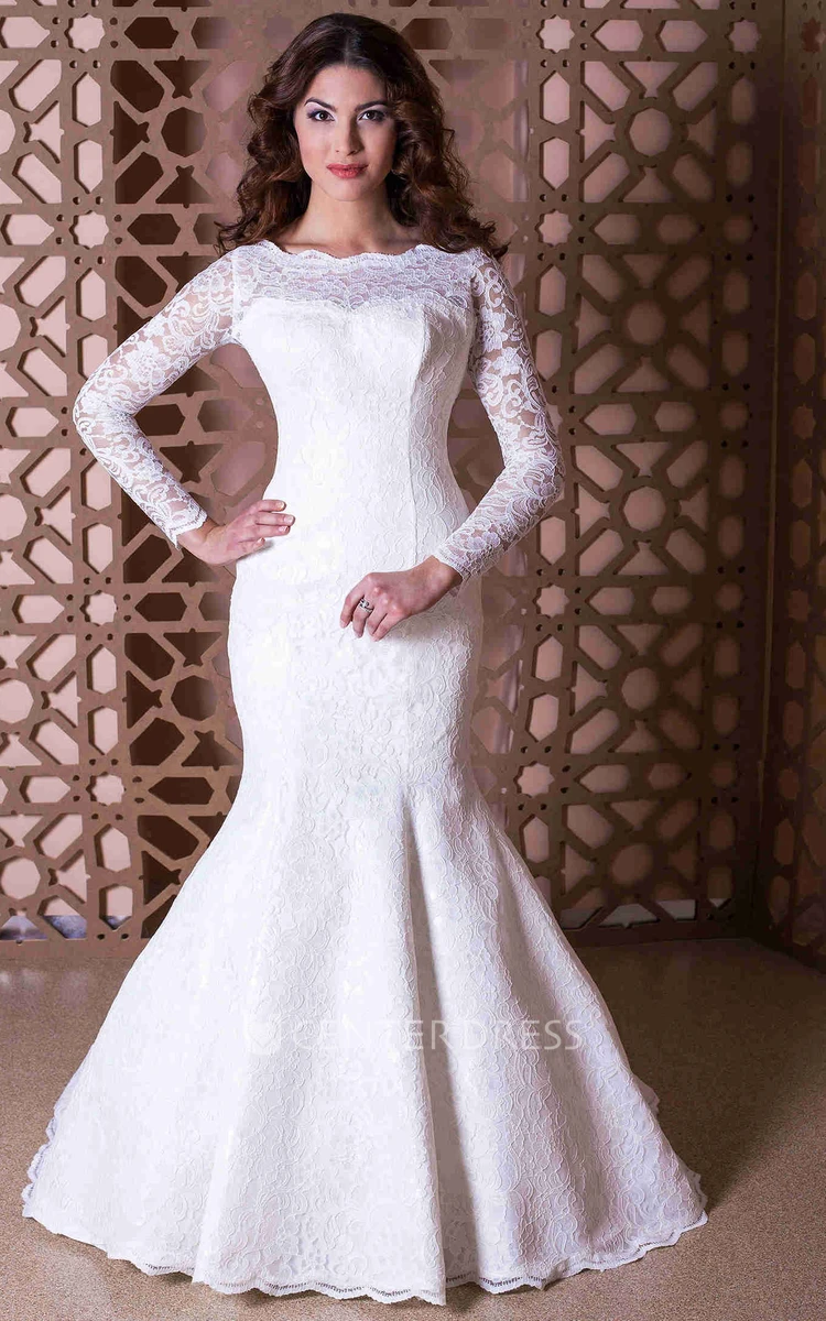 Trumpet Floor-Length Bateau-Neck Long-Sleeve Lace Wedding Dress With Appliques And Illusion