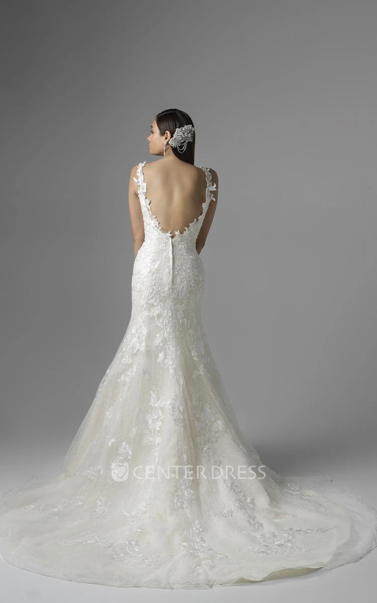 Floor-Length Jeweled Off-The-Shoulder 3-4 Sleeve Lace Wedding Dress