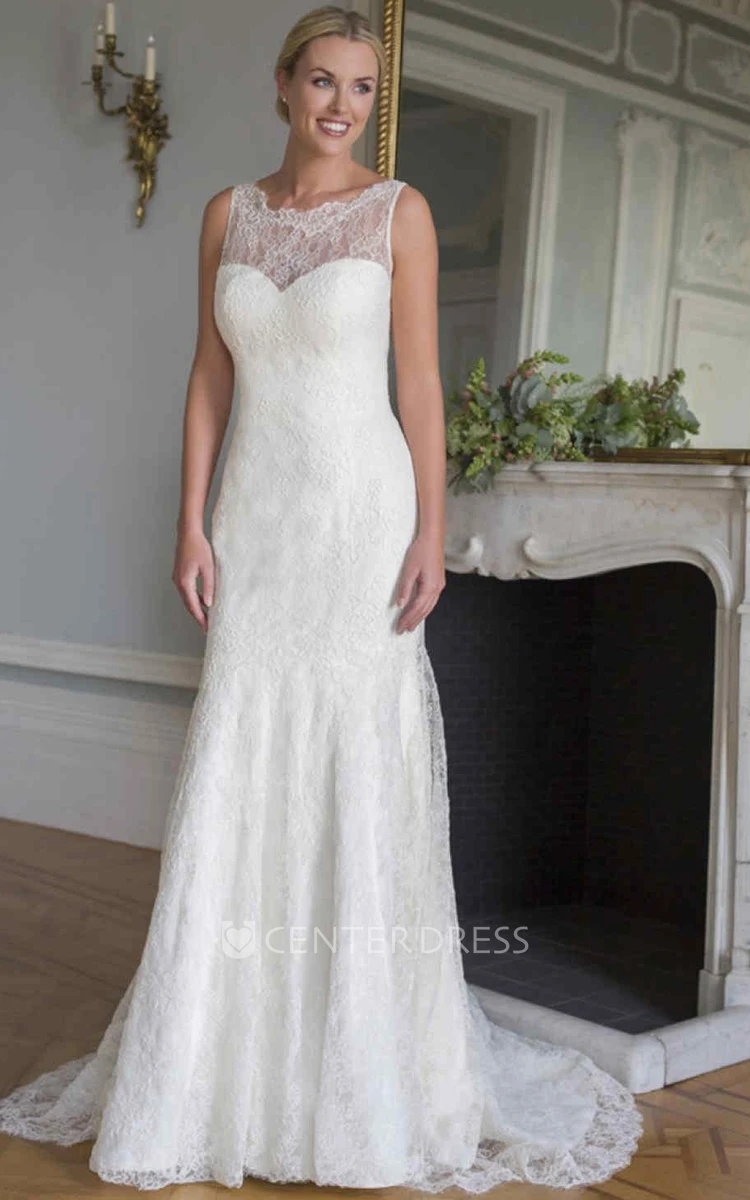 Sleeveless Scoop-Neck Lace Wedding Dress With Illusion
