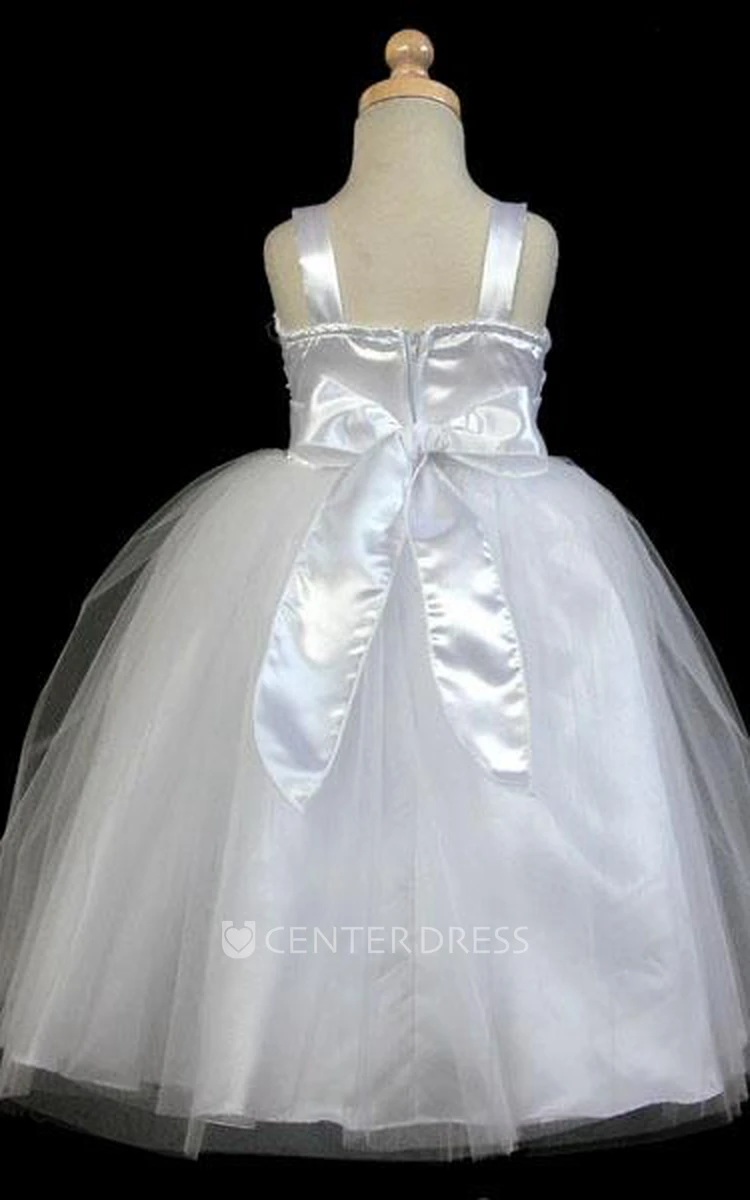 Tea-Length Embroideried Bowed Split-Front Tulle&Satin Flower Girl Dress With Sash