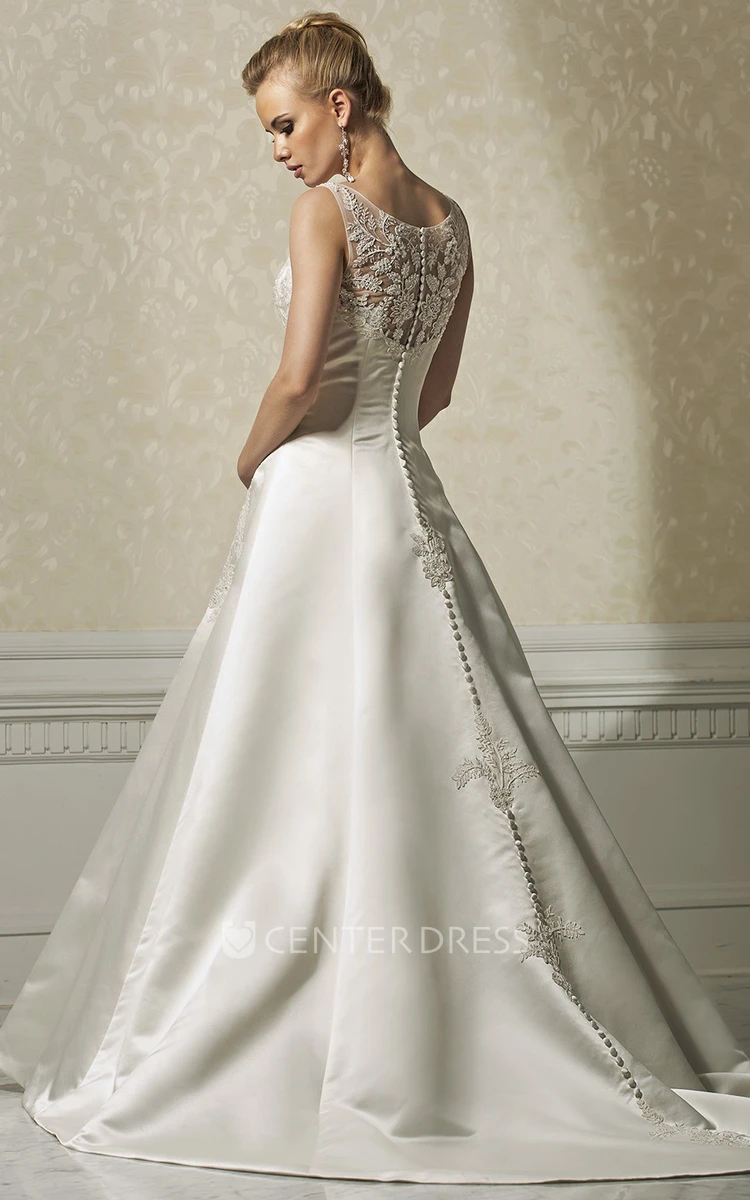 A-Line Bateau-Neck Maxi Sleeveless Appliqued Satin Wedding Dress