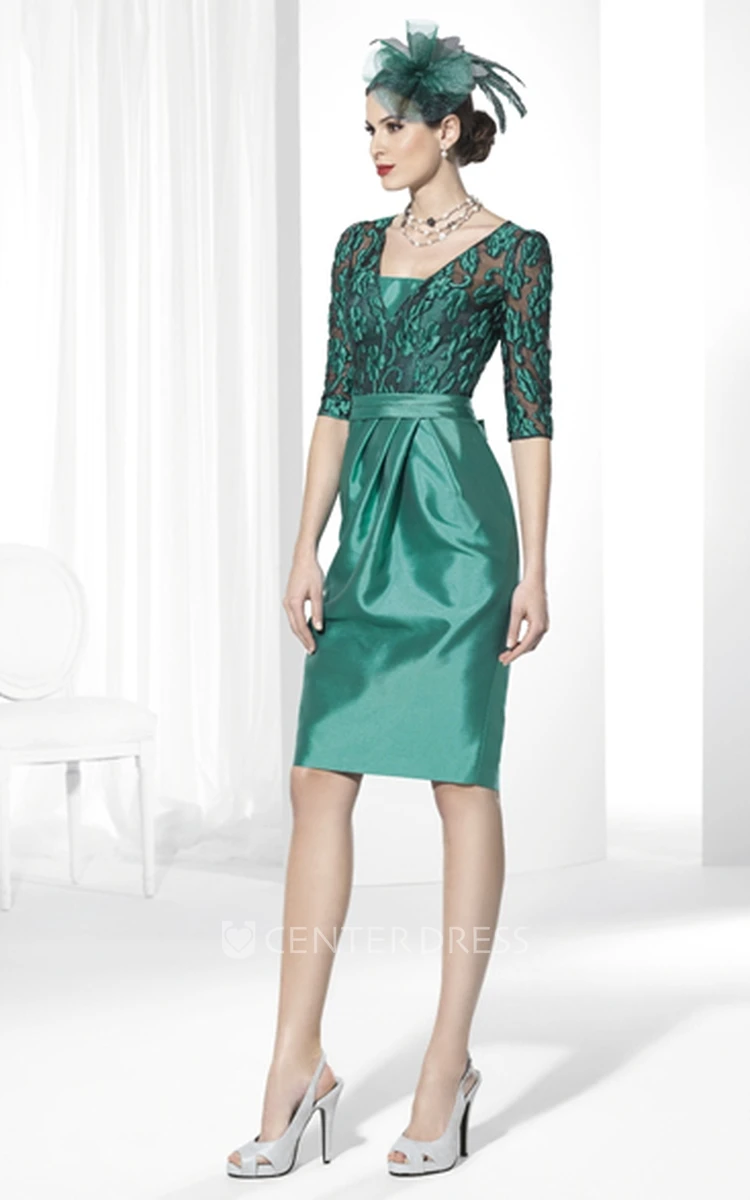 Knee-Length Embroidered Half-Sleeve Satin Prom Dress With Bow