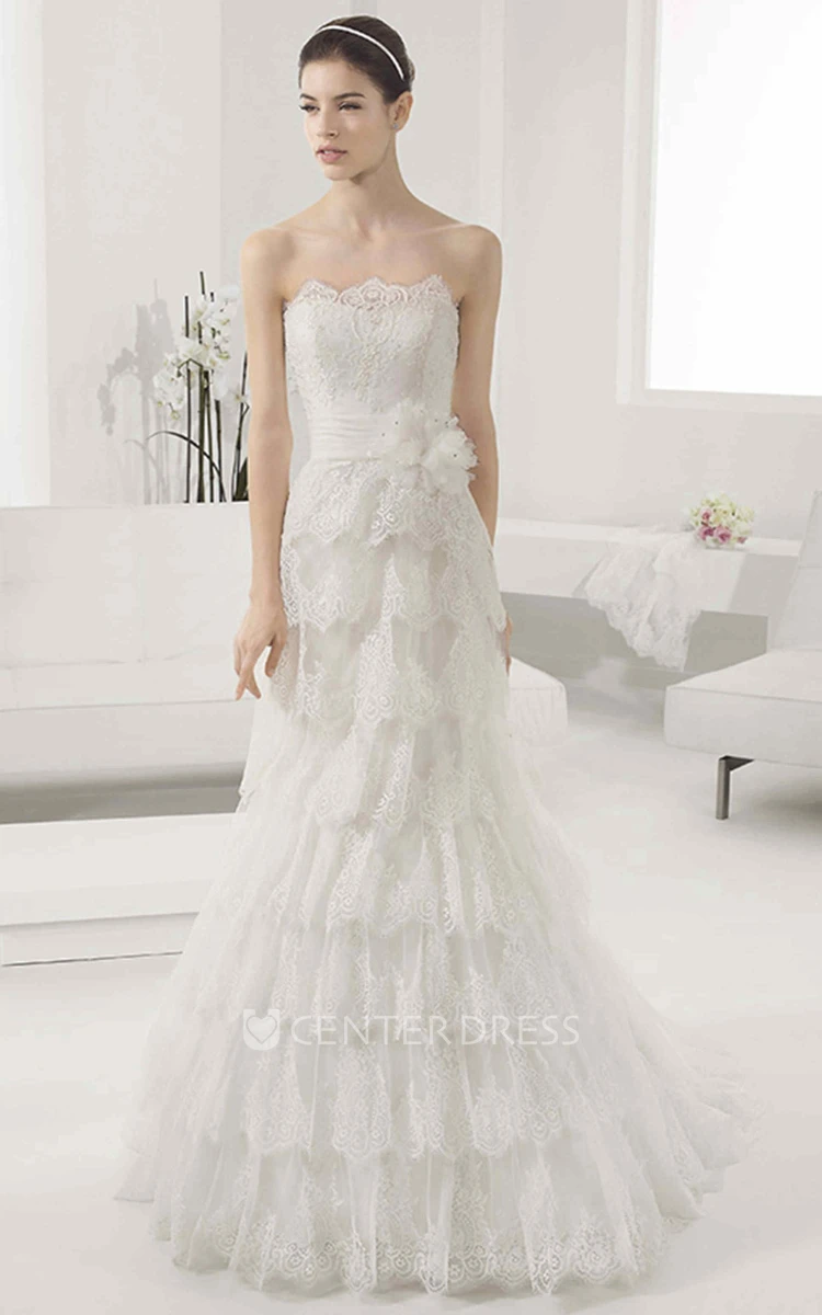 Scalloped Neck Lace Ball Gown With Waist Flower And Layered Skirt