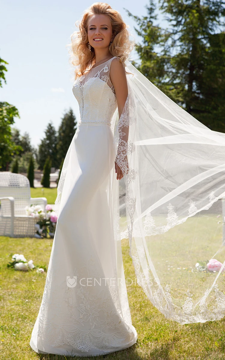 Sheath Scoop Maxi Lace Sleeveless Wedding Dress With Deep-V Back And Waist Jewellery
