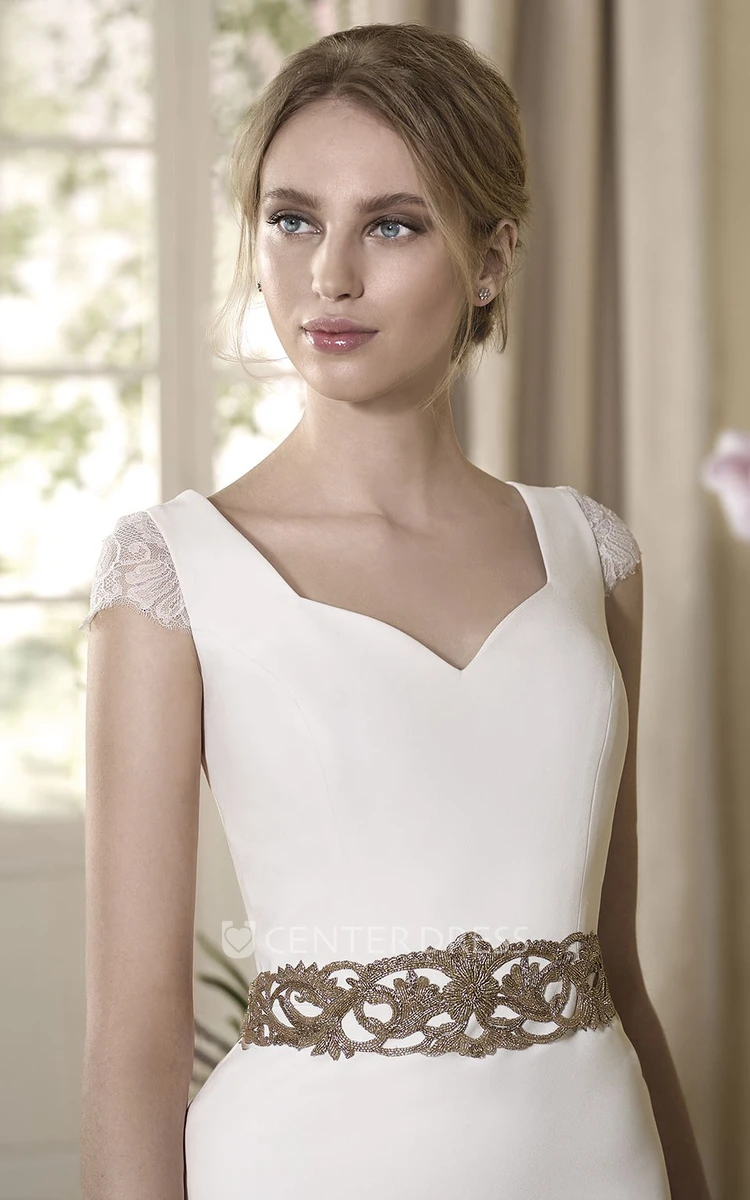 Sheath Cap-Sleeve Jeweled V-Neck Floor-Length Wedding Dress