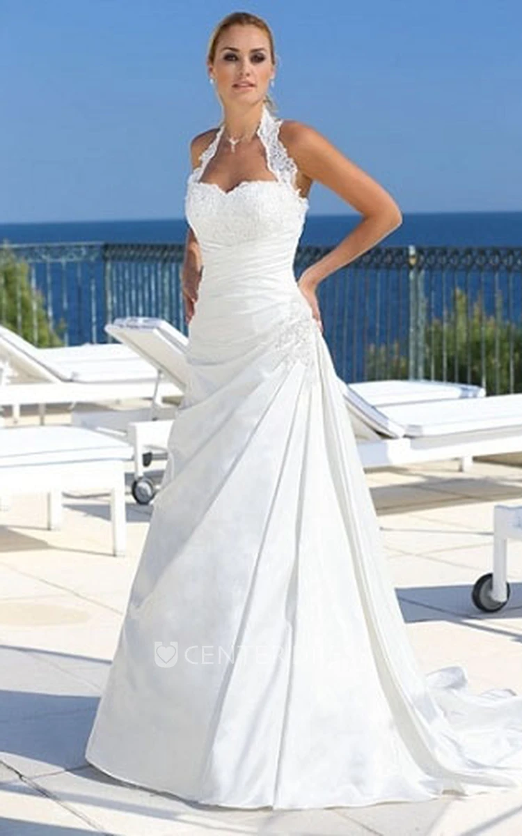 A-Line Halter Sleeveless Draped Satin Wedding Dress With Court Train