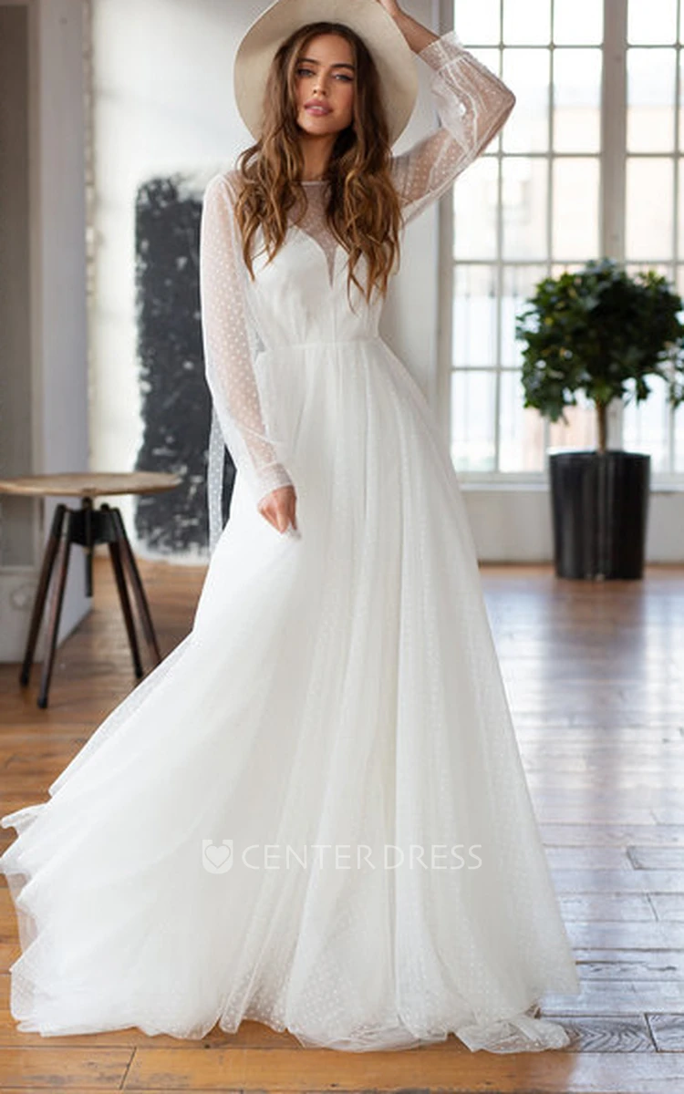 A Line Long Sleeve Chiffon Elegant Deep-V Back Wedding Dress with Bows