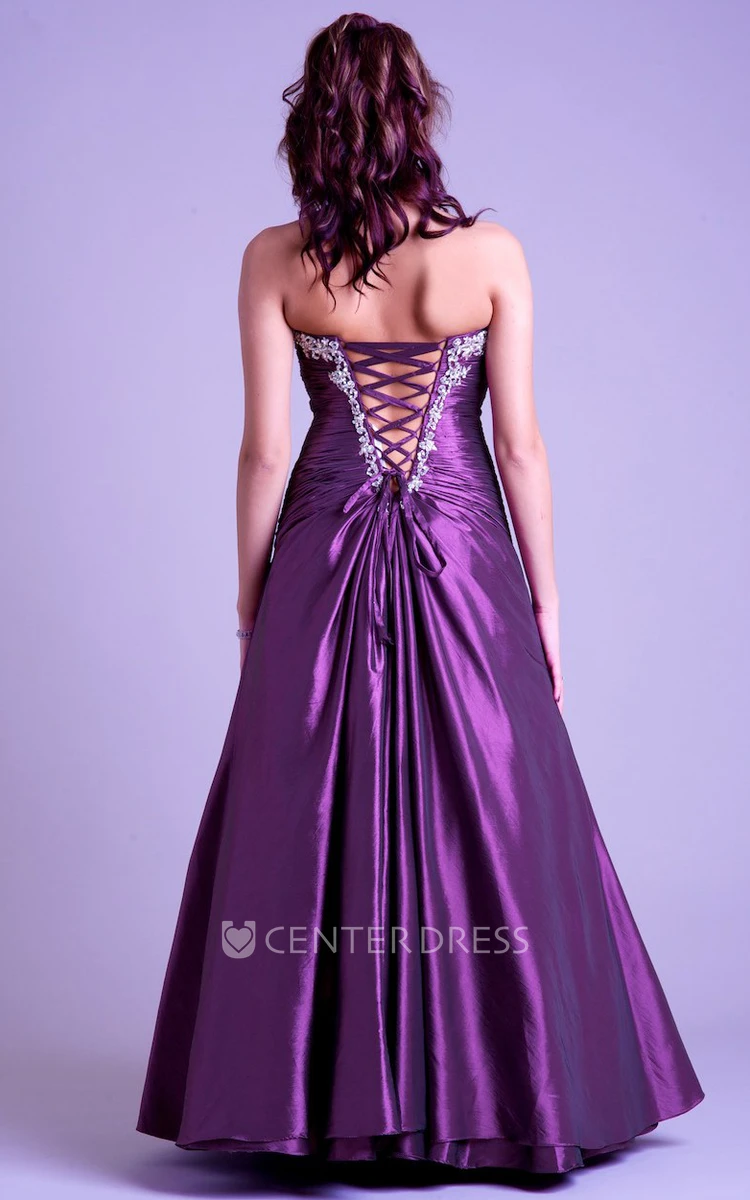 A-Line Ruched Sweetheart Sleeveless Maxi Satin Prom Dress With Beading And Draping