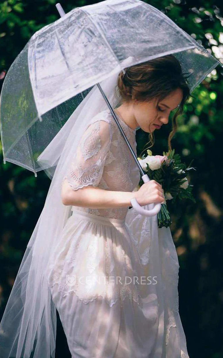 High Neck Half Sleeve Lace Chiffon Wedding Dress With Illusion