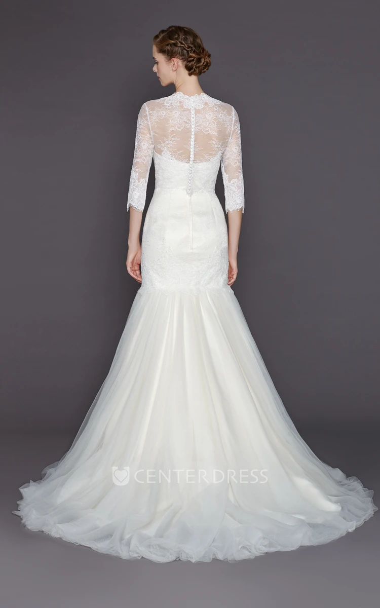 A-Line High Neck 3-4-Sleeve Long Tulle&Lace Wedding Dress With Appliques And Illusion