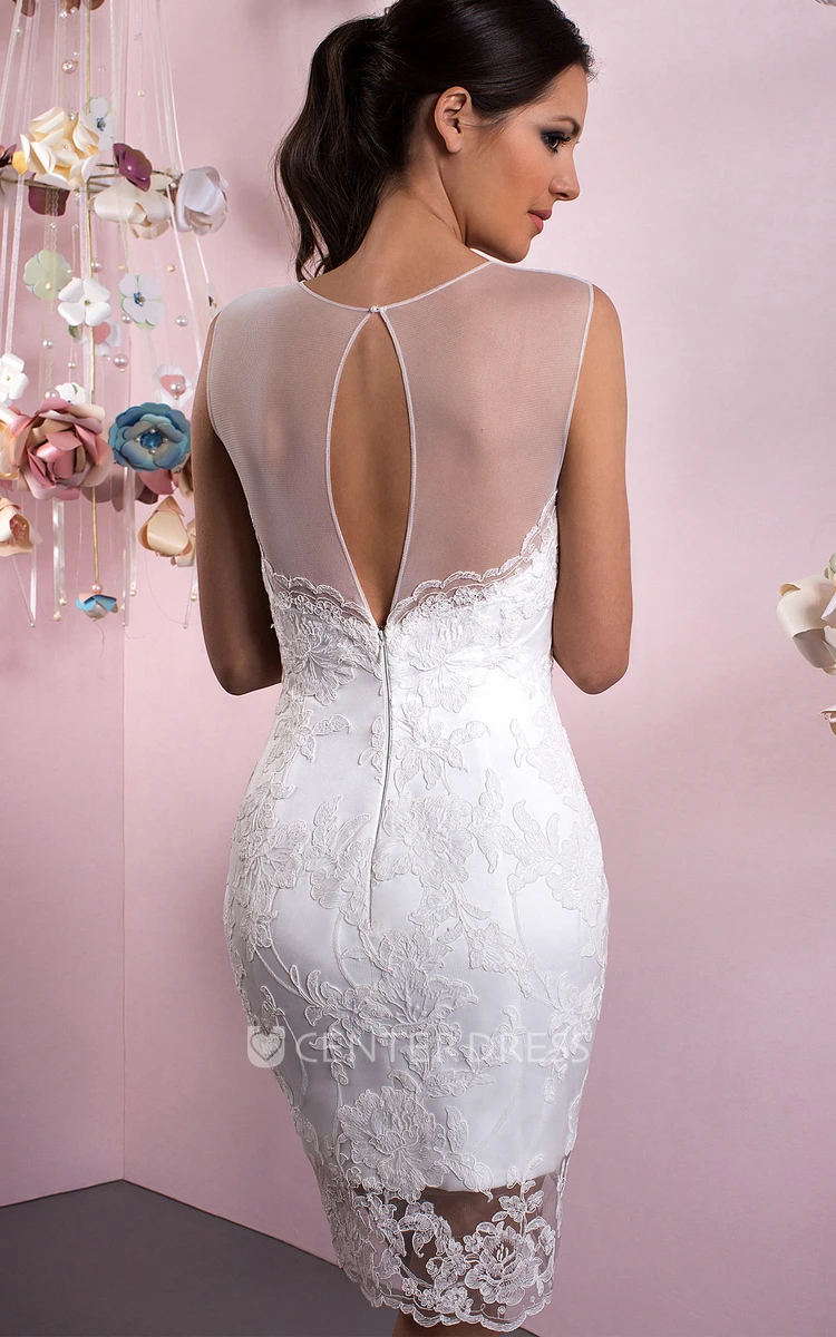 A-Line Floor-Length Lace Sleeveless Scoop Satin Wedding Dress With Illusion Back