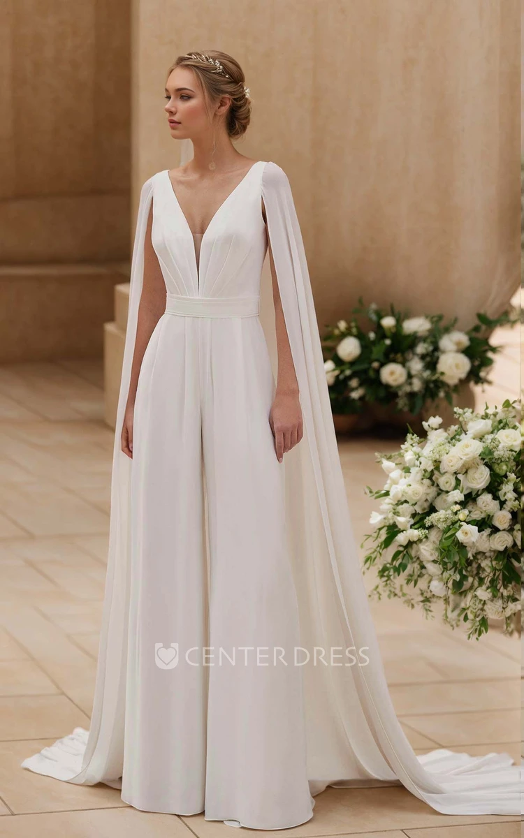 Simple Modern Jumpsuit A-Line Plunging V-neck Chiffon Wedding Dress Elegant Solid Floor-length Sleeveless Sash Low-V Back with Zipper Bridal Gown with Cape