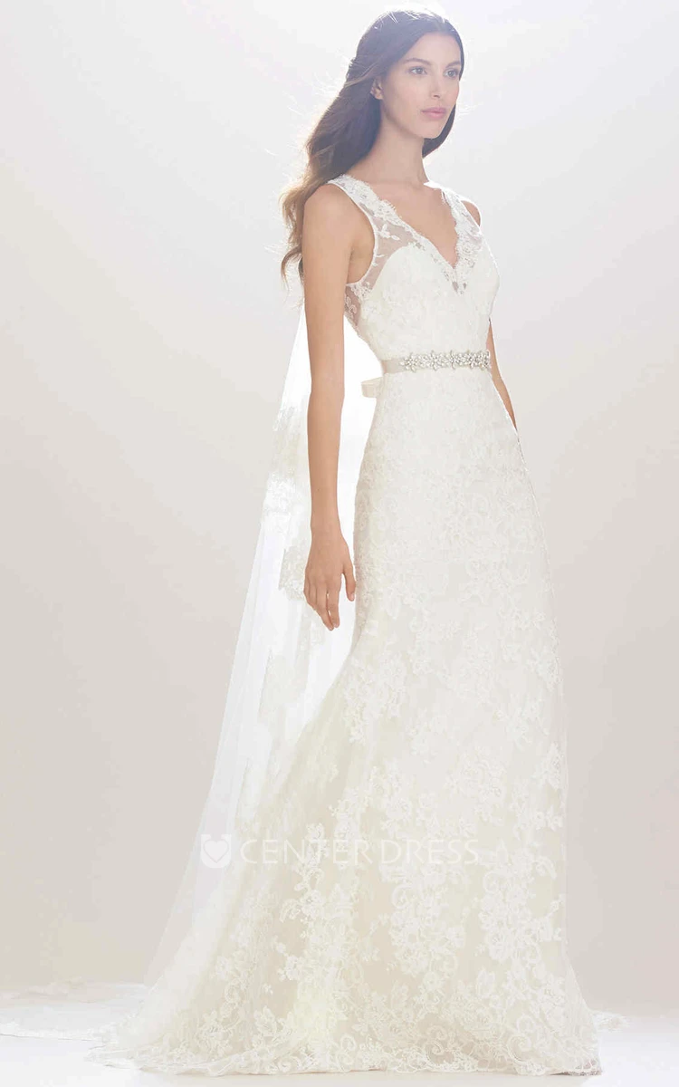Sheath Sleeveless Appliqued V-Neck Lace Wedding Dress With Waist Jewellery And Bow