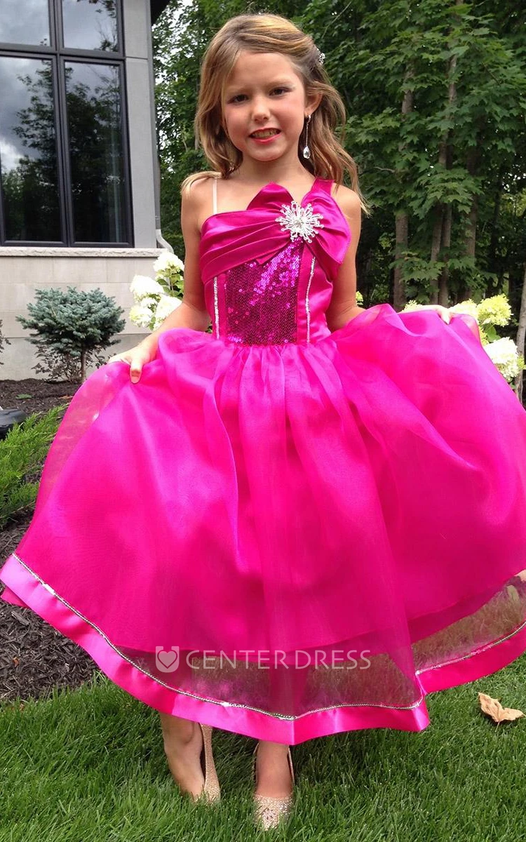Broach Tea-Length Tiered Bowed Sequins&Organza Flower Girl Dress With Sash