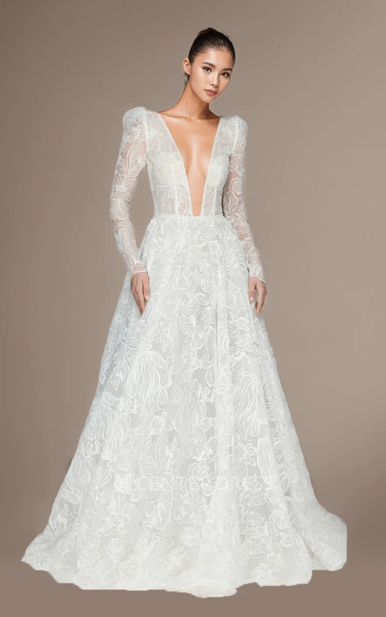 A-Line Plunging Neckline Lace Long Sleeve Wedding Gown Button Illusion Back Floor-length Bridal Gown