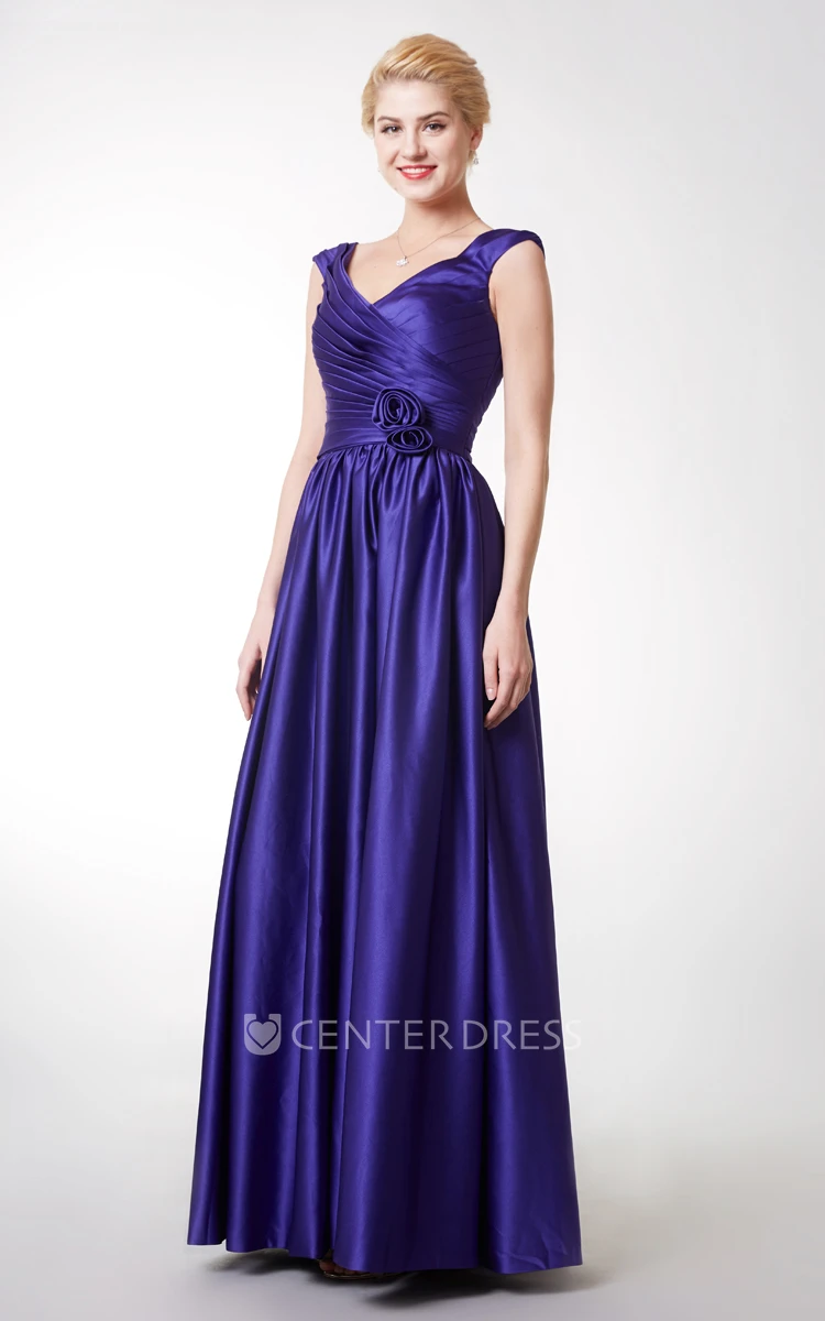 A-line Cap Sleeve V-neck Satin Gown With Pleats