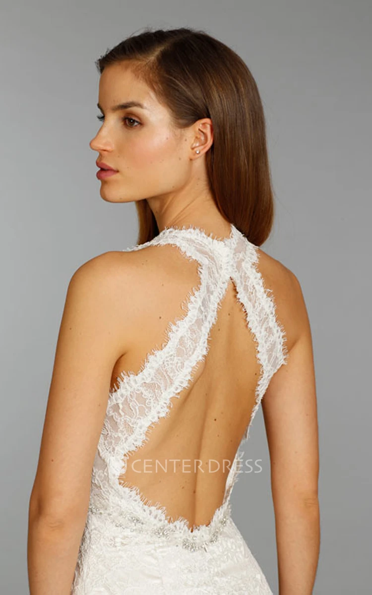 Captivating V-Neckline Floor Length Lace Dress With Beaded Belt