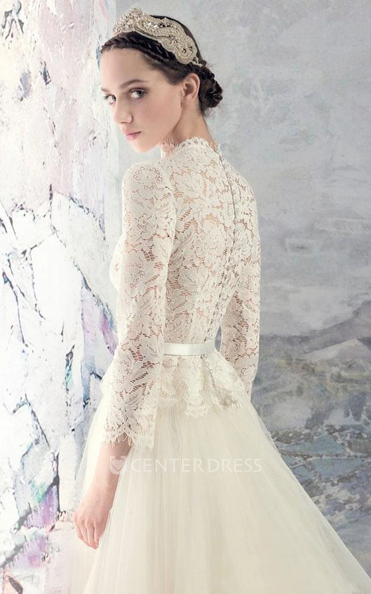 Short High Neck Bell Tiers Embroidery Zipper Tulle Lace Dress