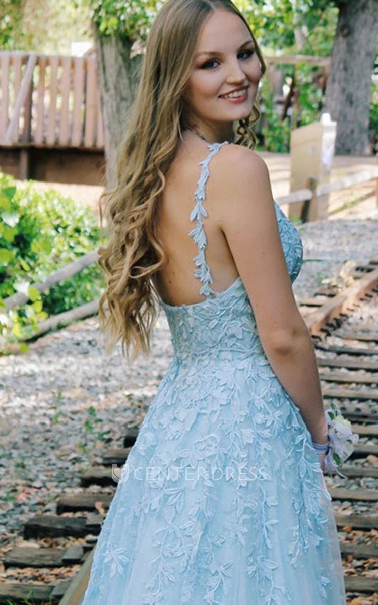 Ethereal A Line V-neck Lace Floor-length Backless Prom Dress with Appliques