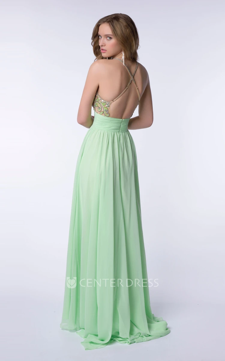 Long Chiffon A-Line V-Neck Homecoming Dress With Pleats And Cross Straps