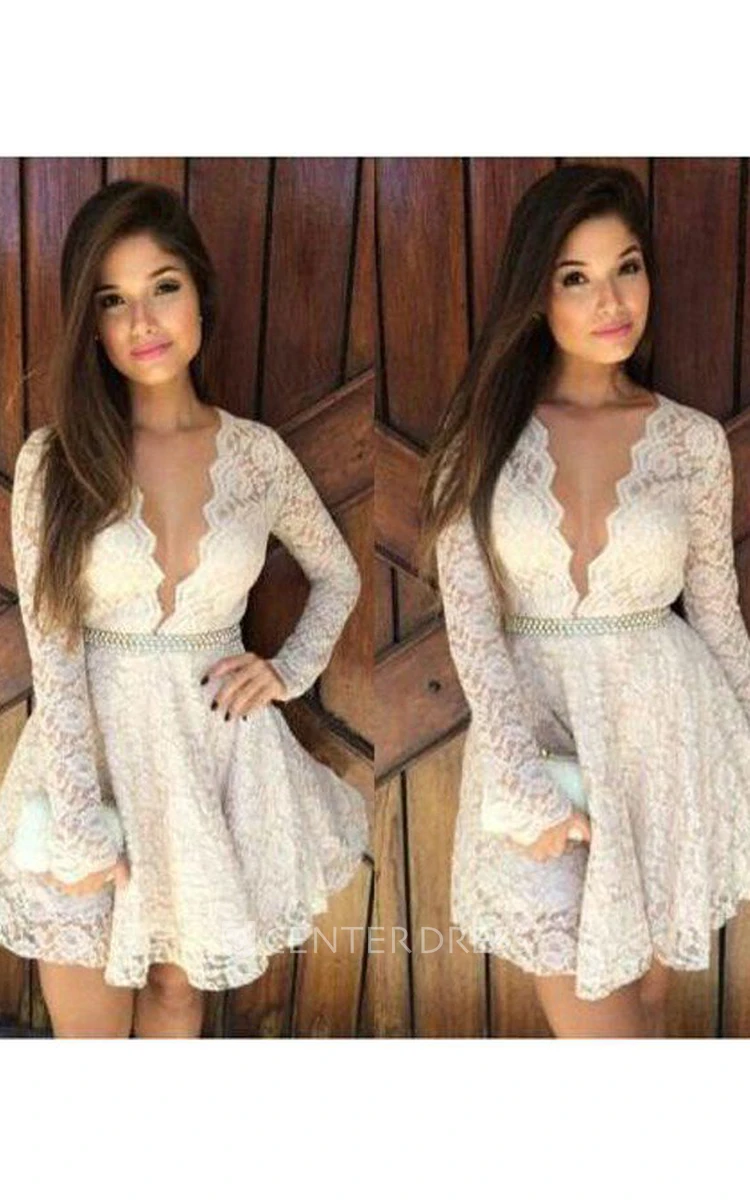 A-line Short Mini Long Sleeve Plunging Neckline Beading Ruffles Lace Homecoming Dress