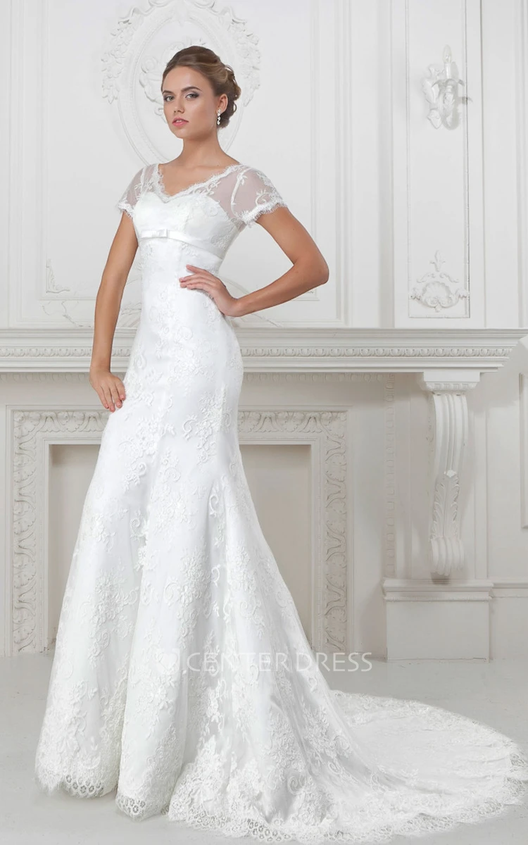 Trumpet V-Neck Short-Sleeve Appliqued Long Lace&Satin Wedding Dress With Waist Jewellery