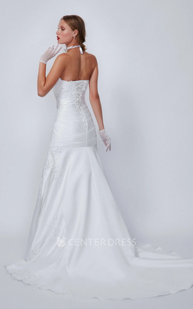 A-Line Floor-Length Sleeveless Strapless Beaded Satin Wedding Dress With Side Draping