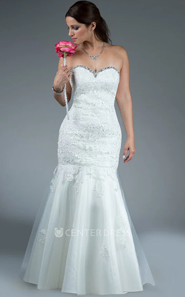 Crystal Sweetheart Mermaid Tulle Bridal Gown With Lace Top